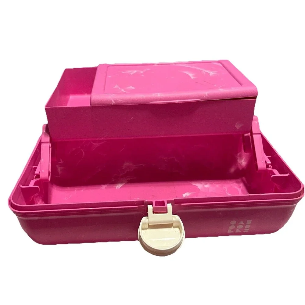 Vintage Caboodles Makeup Case Pink Marbled Train Travel Cosmetic Box Mirror USA